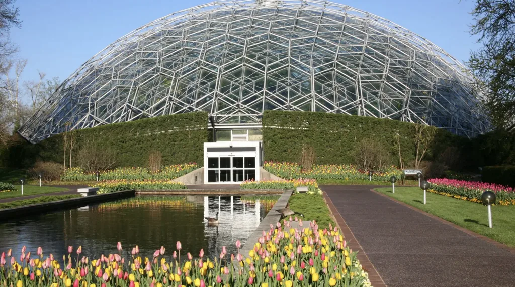 Climatron geodesic dome and tulips at the Missouri Botanical Garden